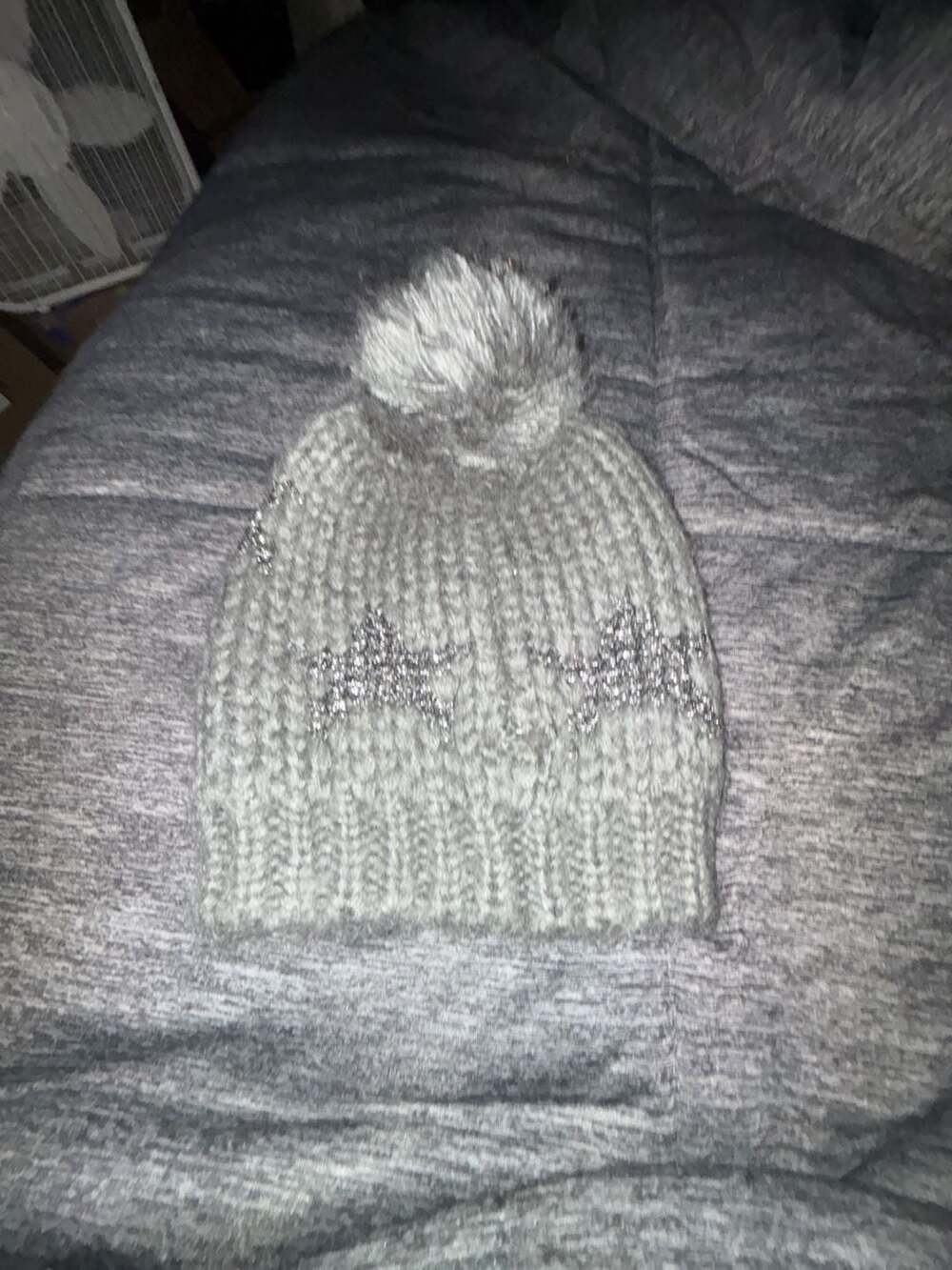 Steve Madden Gray Star Embellished Pom Pom Beanie